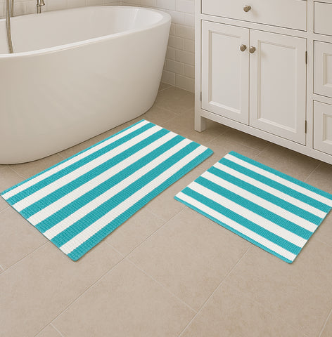 Large 2 Piece Set Light Blue White Stripe Soft Cozy Plush Chenille Bath Mat Bathroom Rug