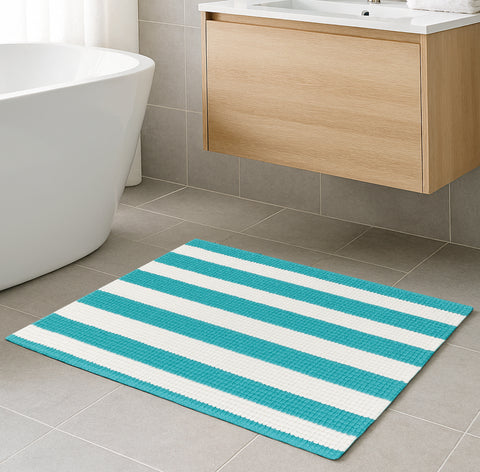 24"x16" - Light Blue White Stripe Large Soft Cozy Plush Chenille Bath Mat Bathroom Rug