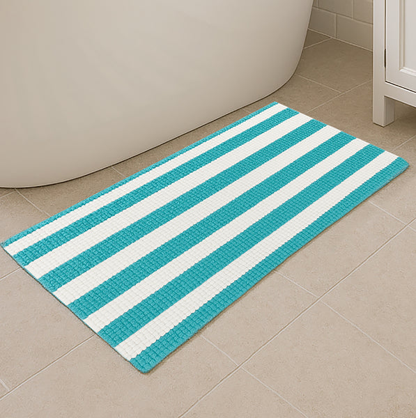 24"x16" - Light Blue White Stripe Large Soft Cozy Plush Chenille Bath Mat Bathroom Rug