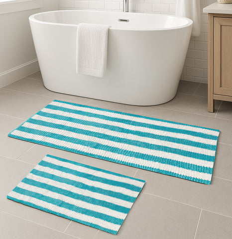 Extra Large 2 Piece Set Light Blue White Stripe Soft Cozy Plush Chenille Bath Mat Bathroom Rug