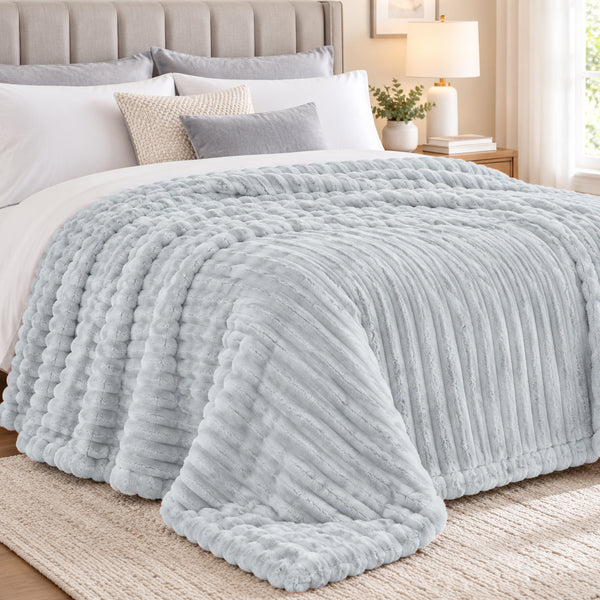 King Size Light Grey Ultra Soft Cozy Textured Fluffy Plush Ribbed Faux Fur Bed Blanket