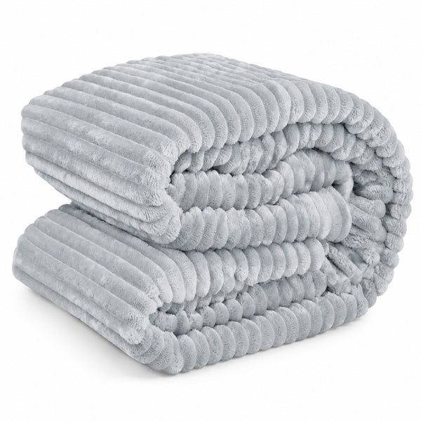 King Size Light Grey Ultra Soft Cozy Textured Fluffy Plush Ribbed Faux Fur Bed Blanket
