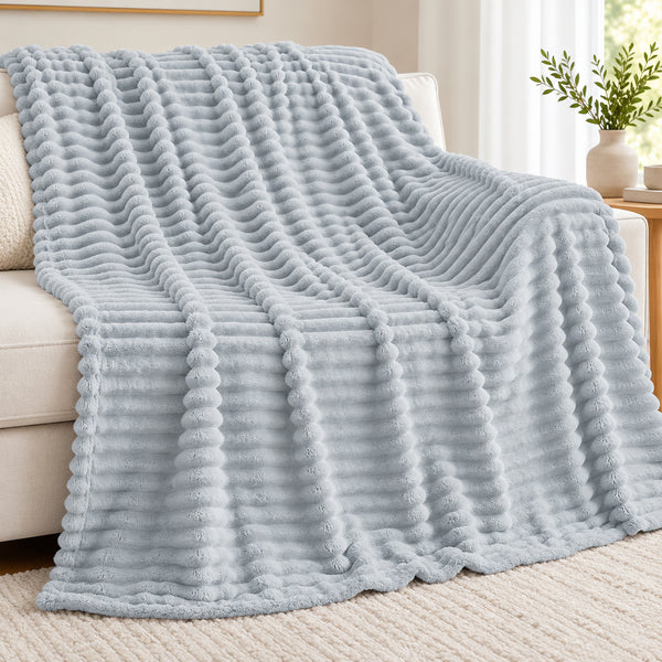 King Size Light Grey Ultra Soft Cozy Textured Fluffy Plush Ribbed Faux Fur Bed Blanket