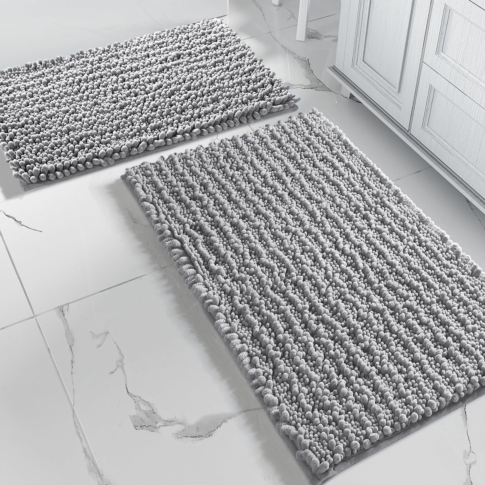 2 Piece Set Light Grey Soft Cozy Plush Chenille Bath Mat Bathroom Rug