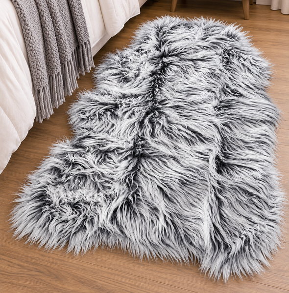 2-Tone Grey Soft Fluffy Shag Faux Sheepskin Fur Area Rug - 2'x3' Feet