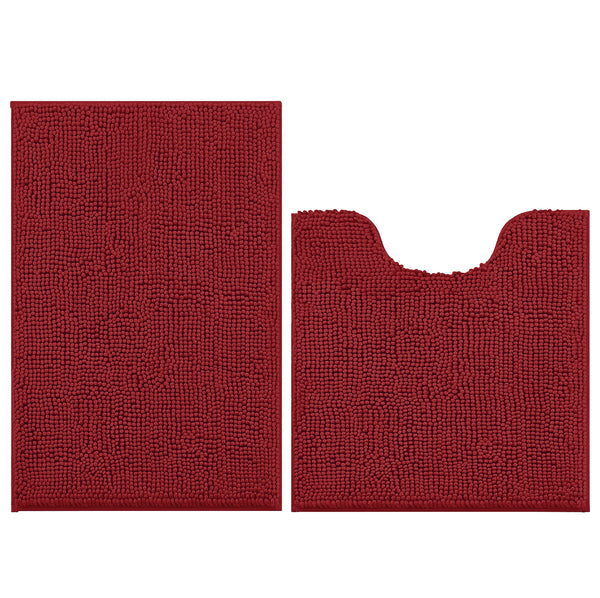 2 Piece Set Maroon Red Soft Cozy Plush Chenille Bath Mat Bathroom Rug