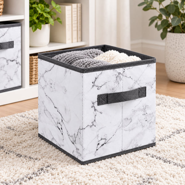 6 Pack Set White Grey Marble Design Collapsible Foldable Fabric Organizer Basket Storage Cube Bin Container - 10" Tall