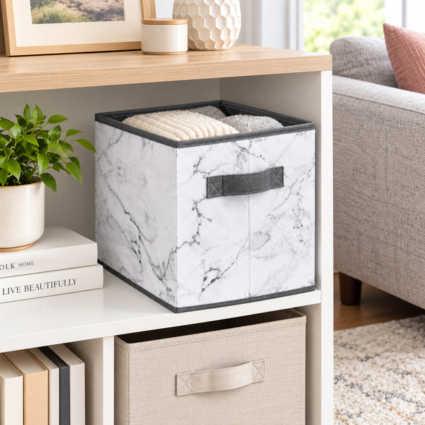 6 Pack Set White Grey Marble Design Collapsible Foldable Fabric Organizer Basket Storage Cube Bin Container - 10" Tall
