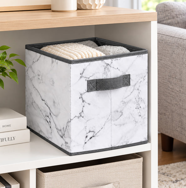 6 Pack Set White Grey Marble Design Collapsible Foldable Fabric Organizer Basket Storage Cube Bin Container - 10" Tall