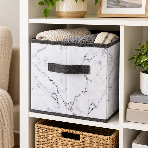 6 Pack Set White Grey Marble Design Collapsible Foldable Fabric Organizer Basket Storage Cube Bin Container - 10" Tall