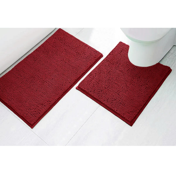 2 Piece Set Maroon Red Soft Cozy Plush Chenille Bath Mat Bathroom Rug