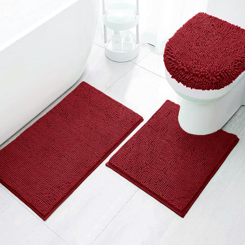3 Piece Set Maroon Red Soft Cozy Plush Chenille Bath Mat Highly Absorbent Bathroom Rug