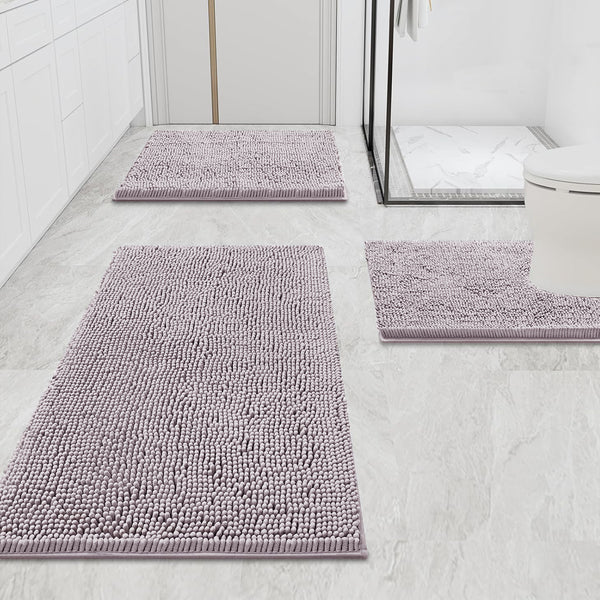 3 Piece Set Light Mauve Soft Cozy Plush Chenille Bath Mat Highly Absorbent Bathroom Rug