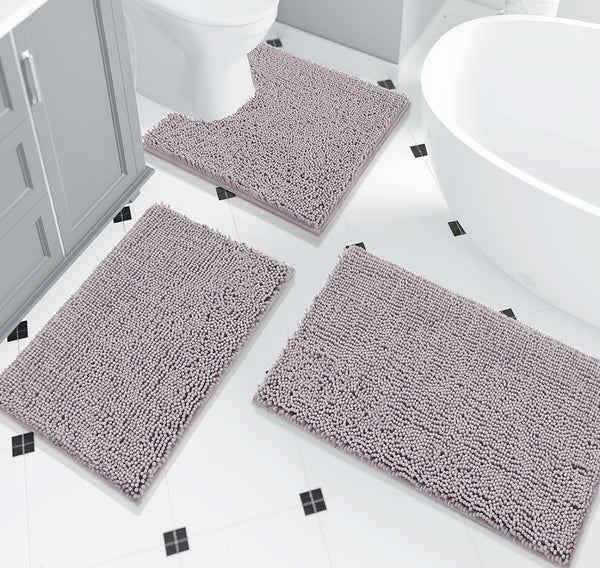 3 Piece Set Light Mauve Soft Cozy Plush Chenille Bath Mat Highly Absorbent Bathroom Rug