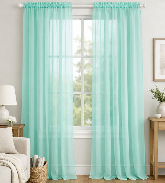 Mint Sheer Window Rod Pocket Curtain Set 90" Inches Long (2 Panels)