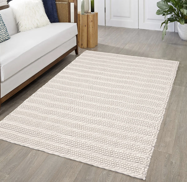 Ivory Cream Chunky Beads Hand-Woven Handmade Wool Natural Area Rug