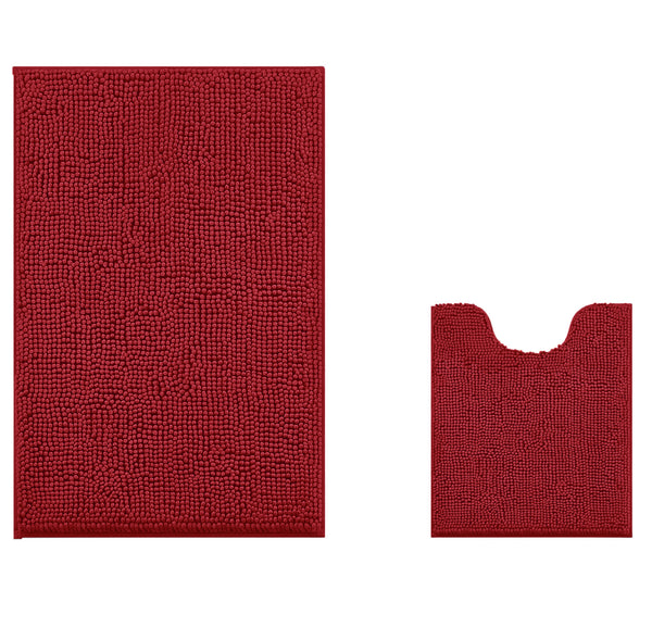 Extra Large 2 Piece Set Maroon Red Soft Cozy Plush Chenille Bath Mat Bathroom Rug