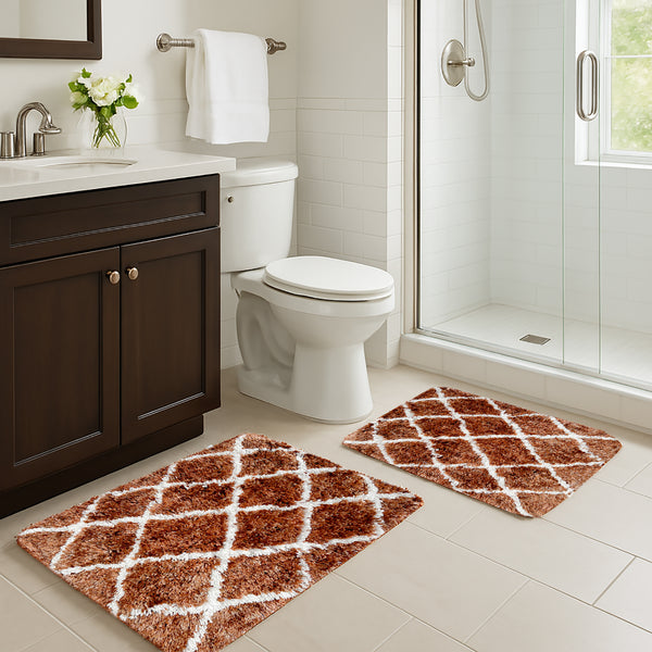 Orange Mustard 2 Piece Trellis Plush Thick Soft Cozy Microfiber Bath Mat Set