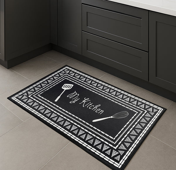 17" x 28" - Black White Modern Non-Slip Washable Low Pile Kitchen Mat