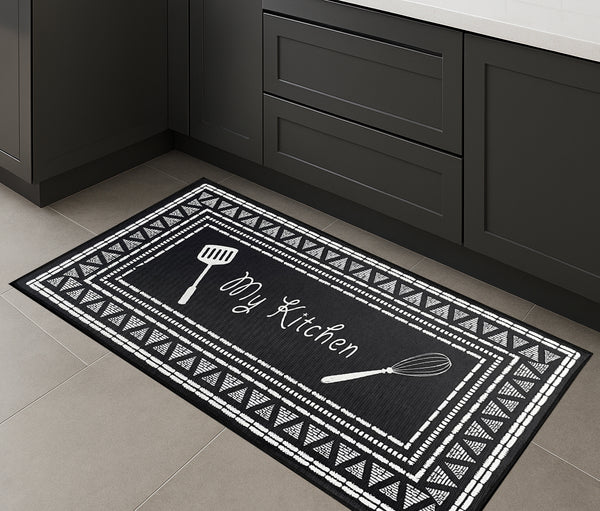 36" x 19" - Black White Modern Non-Slip Washable Low Pile Kitchen Mat