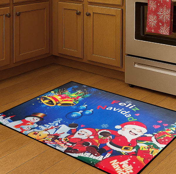 31" x 19" - Blue Feliz Navidad Non-Slip Washable Low Pile Kitchen Mat Entrance Door Mat