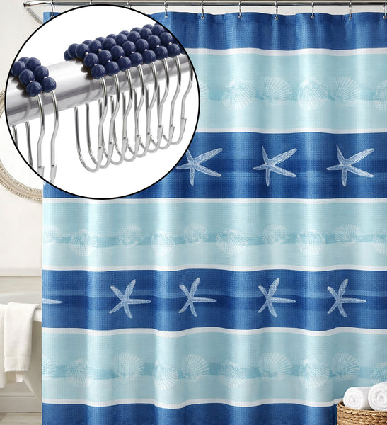 72" x 72" - Blue Fabric Textured Glam luxury Shower Curtain With 12 Metal Roller Ball Hooks