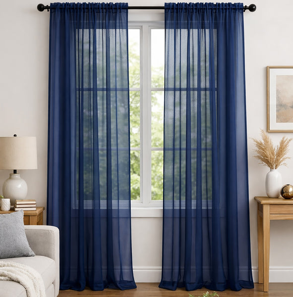 Navy Blue Sheer Window Rod Pocket Curtain Set 95" Inches Long (2 Panels)