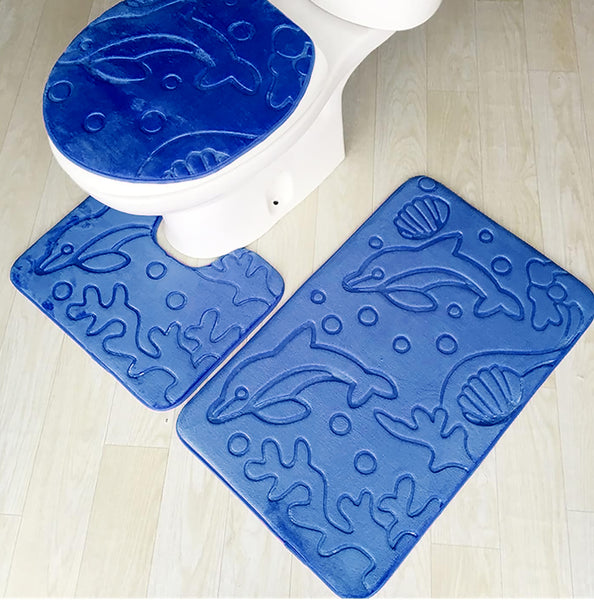 3 Piece Navy Blue Ultra Soft Thick Memory Foam Non-Slip Absorbent Bathroom Bath Mat Set
