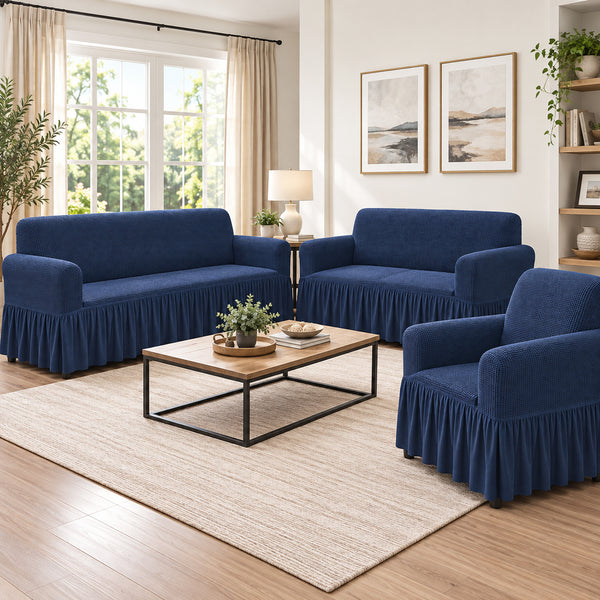 3-Piece Set Navy Blue 4-Way Stretch Ruffled Skirt Slipcover Sofa Loveseat & Armchair Cover Protector