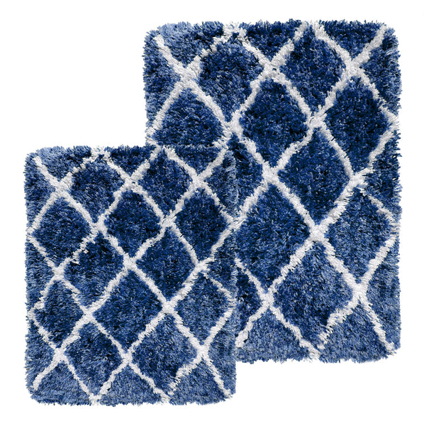 Navy Blue 2 Piece Trellis Plush Thick Soft Cozy Microfiber Bath Mat Set