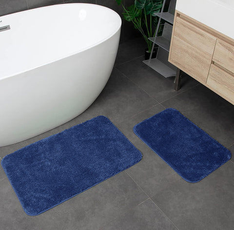 Large 2 Piece Navy Blue Microfiber Soft Thick Plush Bath Mat Set