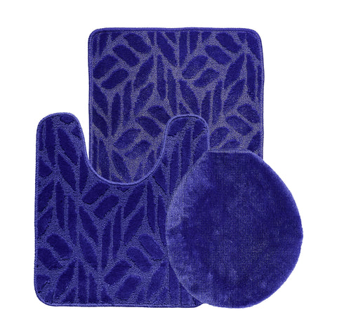 Navy Blue Bath Set 3 Piece Anti-Slip Leaf patch Bathroom Mat, Large Contour Mat & Toilet Seat Lid Cover