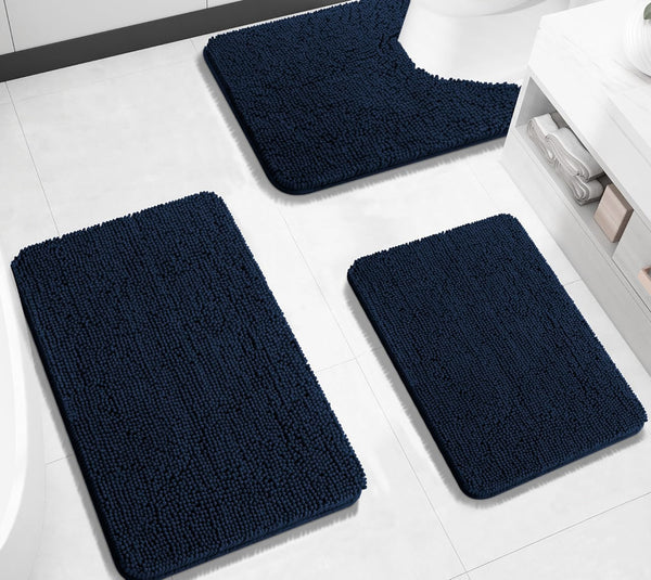 3 Piece Set Navy Blue Soft Cozy Plush Chenille Bath Mat Highly Absorbent Bathroom Rug