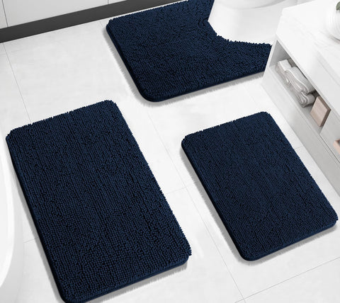 3 Piece Set Navy Blue Soft Cozy Plush Chenille Bath Mat Highly Absorbent Bathroom Rug