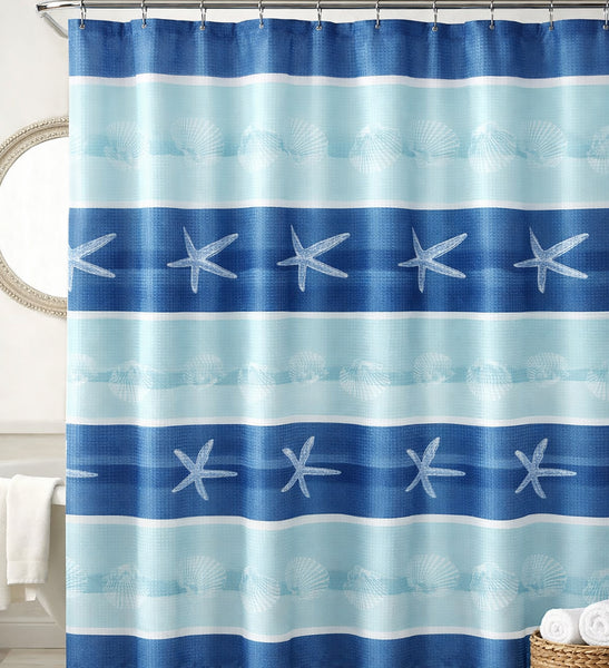 72" x 72" - Blue Fabric Textured Glam luxury Shower Curtain With 12 Metal Roller Ball Hooks