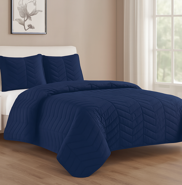 Navy 3 Piece Modern Geometric Solid Soft Plush Cozy Bedspread Quilt Set