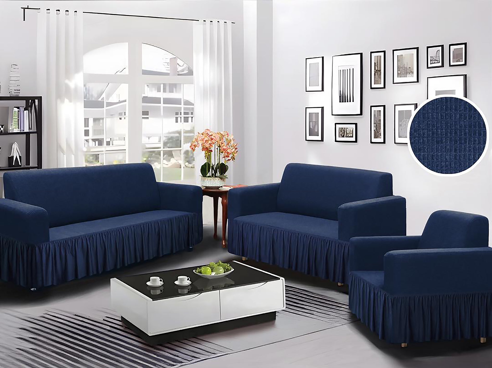 3-Piece Set Navy Blue 4-Way Stretch Ruffled Skirt Slipcover Sofa Loveseat & Armchair Cover Protector