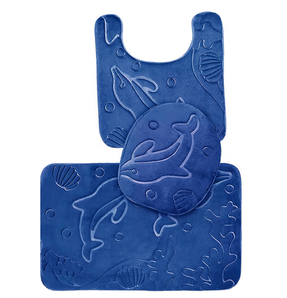 3 Piece Navy Blue Ultra Soft Thick Memory Foam Non-Slip Absorbent Bathroom Bath Mat Set