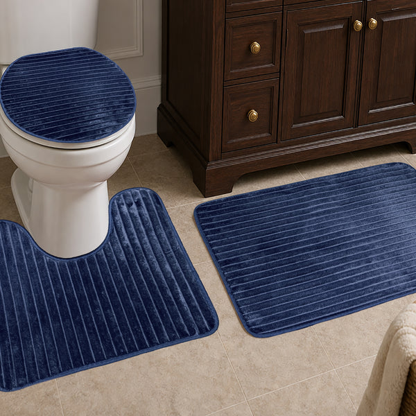 3 Piece Navy Blue Solid Stripes Textured Ultra Soft Thick Memory Foam Non-Slip Absorbent Bathroom Bath Mat Set