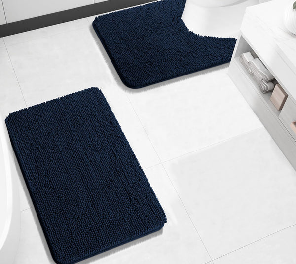 2 Piece Set Navy Blue Soft Cozy Plush Chenille Bath Mat Bathroom Rug