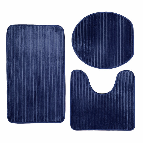3 Piece Navy Blue Solid Stripes Textured Ultra Soft Thick Memory Foam Non-Slip Absorbent Bathroom Bath Mat Set