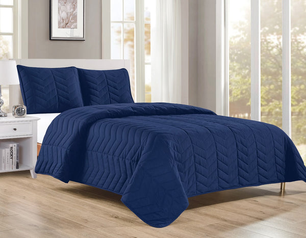Navy 3 Piece Modern Geometric Solid Soft Plush Cozy Bedspread Quilt Set