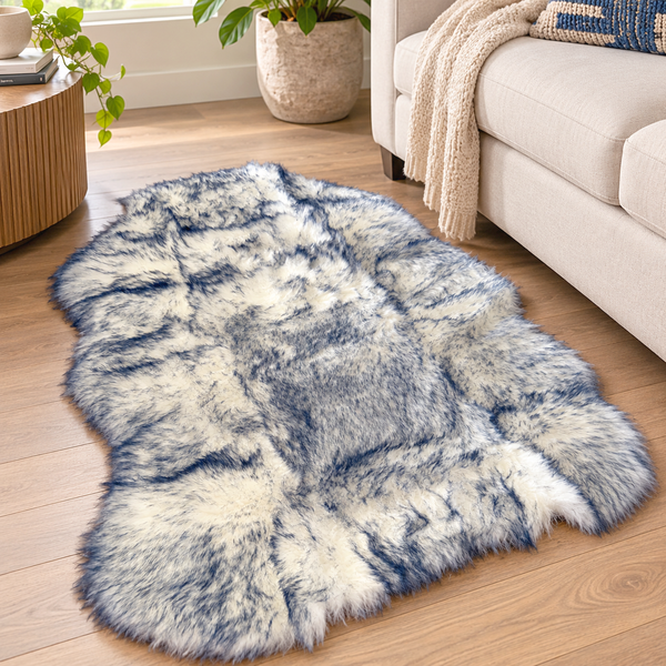 2-Tone Navy White Soft Fluffy Shag Faux Sheepskin Fur Area Rug - 2'x3' Feet