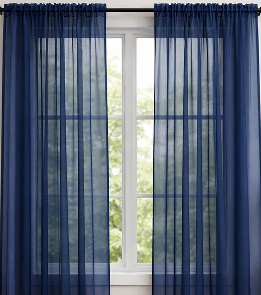 Navy Blue Sheer Window Rod Pocket Curtain Set 95" Inches Long (2 Panels)