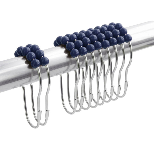 72" x 72" - Blue Fabric Textured Glam luxury Shower Curtain With 12 Metal Roller Ball Hooks