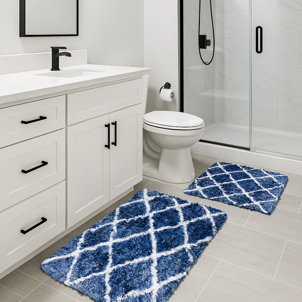 Navy Blue 2 Piece Trellis Plush Thick Soft Cozy Microfiber Bath Mat Set