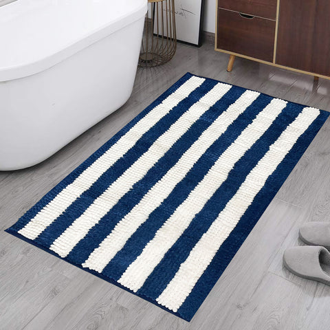 36"x24" - Blue White Stripe Soft Cozy Plush Chenille Bath Mat Bathroom Rug