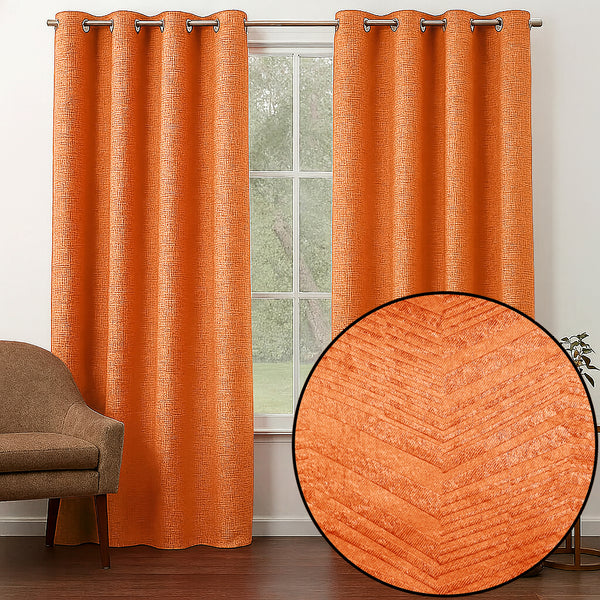 108" Long - 2 Piece Orange Solid Silky Geometric Embossed Blackout Grommet Window Curtain Panel Set