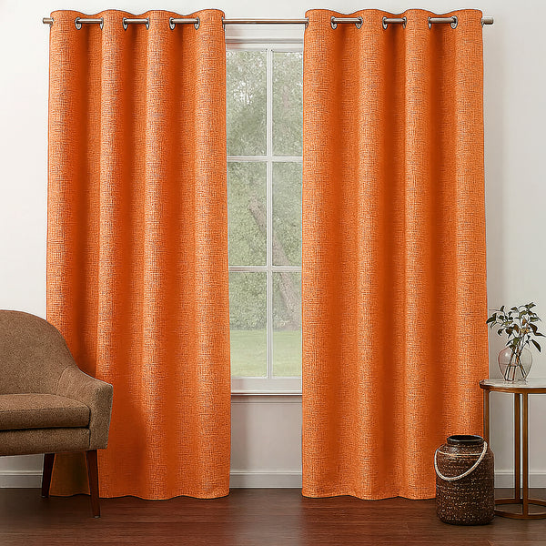 108" Long - 2 Piece Orange Solid Silky Geometric Embossed Blackout Grommet Window Curtain Panel Set
