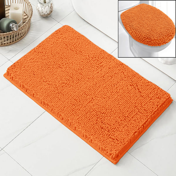 2 Piece Set Orange Soft Cozy Plush Chenille Bath Mat Bathroom Rug & Toilet Seat Cover